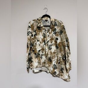 Lisa Bayne Floral Linen Blend Asymmetrical Button Up Top Size XL Lagenlook Artsy